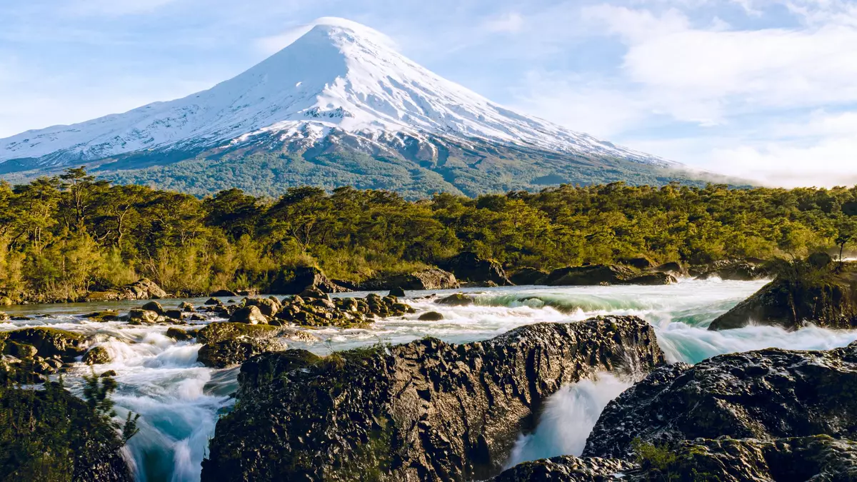 Osorno Volcano viewed from Petrohué Waterfalls